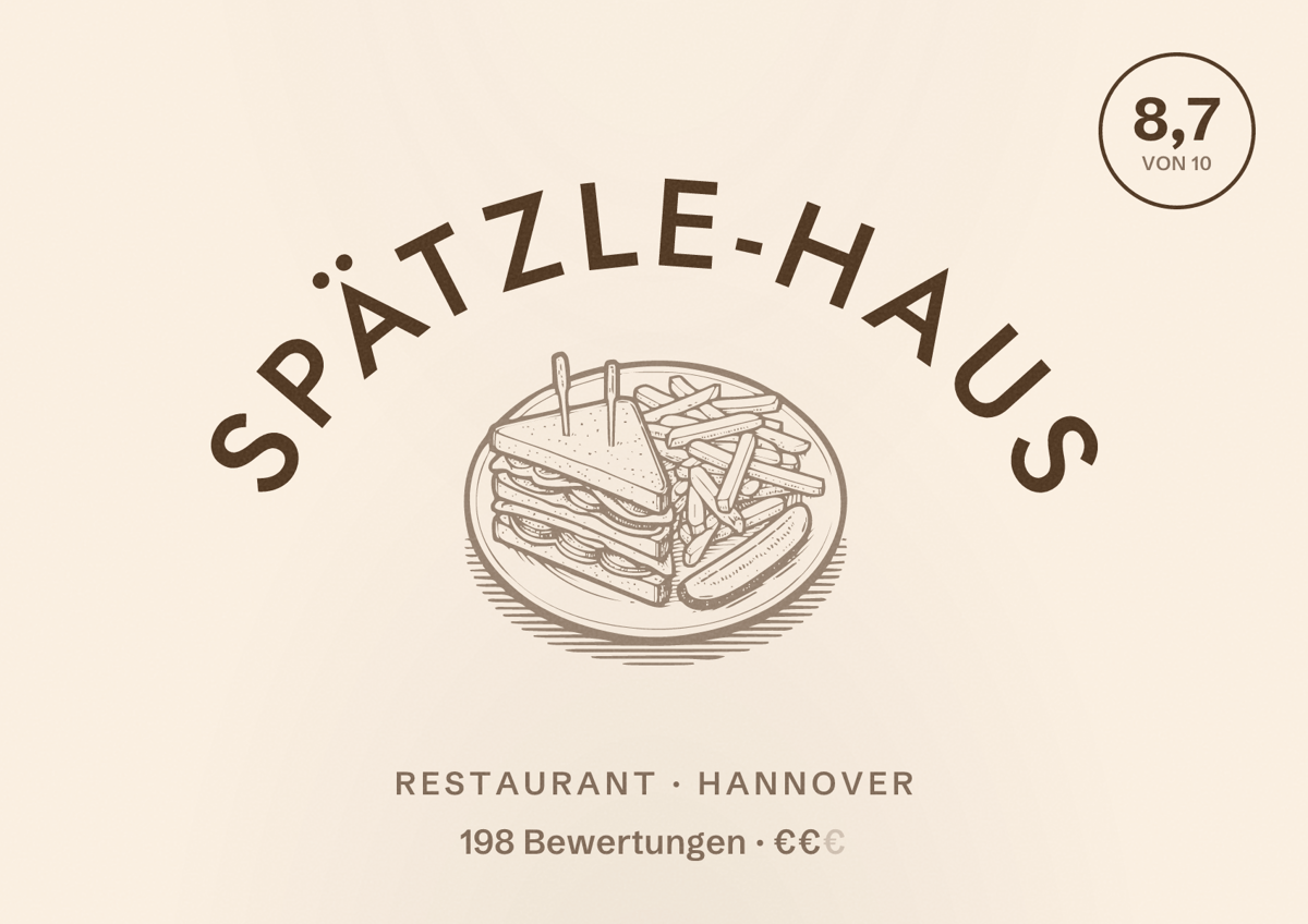 Illustriertes Poster von Spätzle-Haus, Restaurant in Hannover: Bewertung 8,7 von 10 aus 198 Bewertungen, Preisniveau €€
