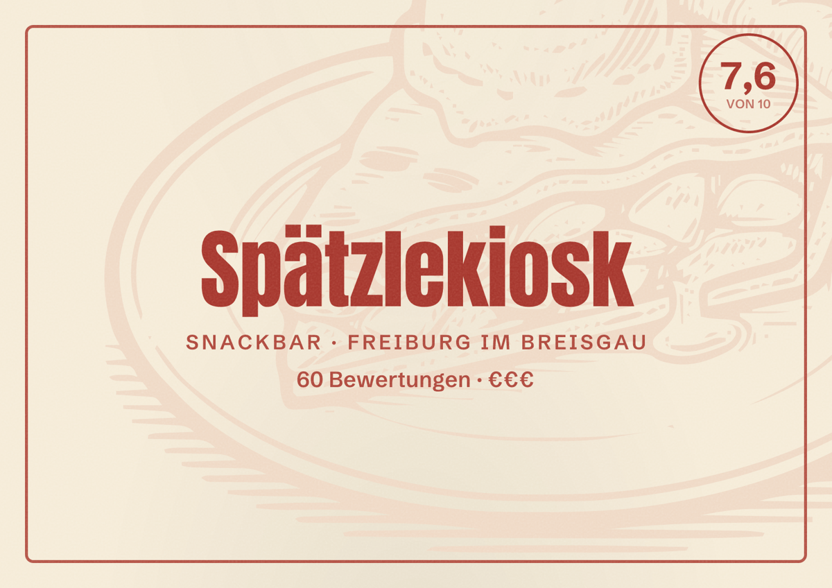 Illustriertes Poster von Spätzlekiosk, Snackbar in Freiburg im Breisgau: Bewertung 7,6 von 10 aus 60 Bewertungen, Preisniveau €€€