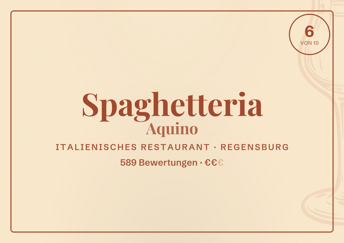 Illustriertes Poster von Spaghetteria Aquino, Italienisches Restaurant in Regensburg: Gästebewertung 6,0 von 10 aus 589 Bewertungen