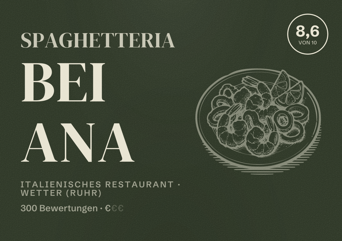Illustriertes Poster von Spaghetteria bei Ana, Italienisches Restaurant in Wetter (Ruhr): Bewertung 8,6 von 10 aus 300 Bewertungen, Preisniveau €