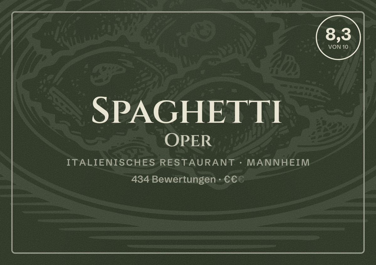 Illustriertes Poster von Spaghetti Oper, Italienisches Restaurant in Mannheim: Bewertung 8,3 von 10 aus 434 Bewertungen, Preisniveau €€
