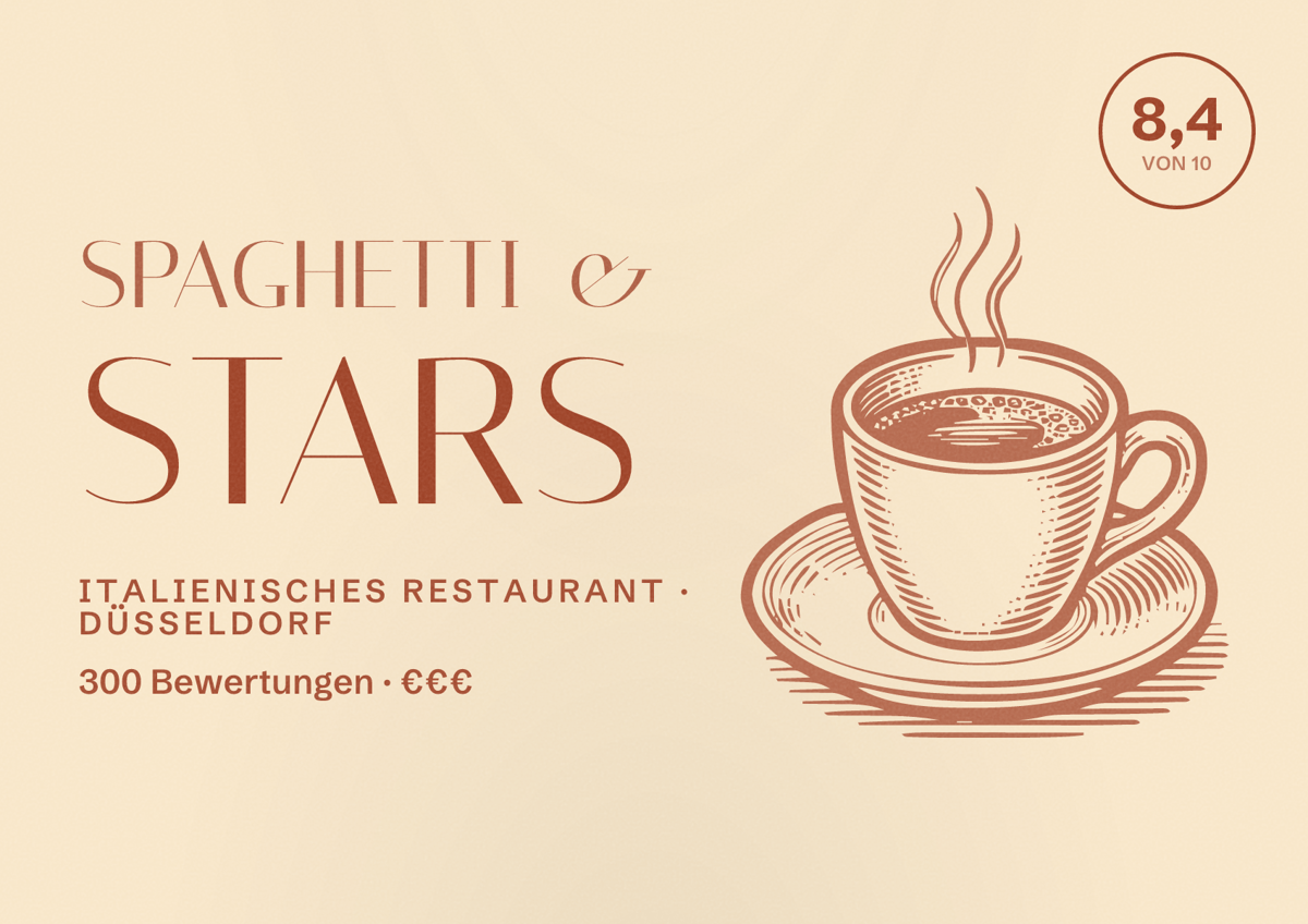 Illustriertes Poster von Spaghetti & Stars, Italienisches Restaurant in Düsseldorf: Bewertung 8,4 von 10 aus 300 Bewertungen, Preisniveau €€€