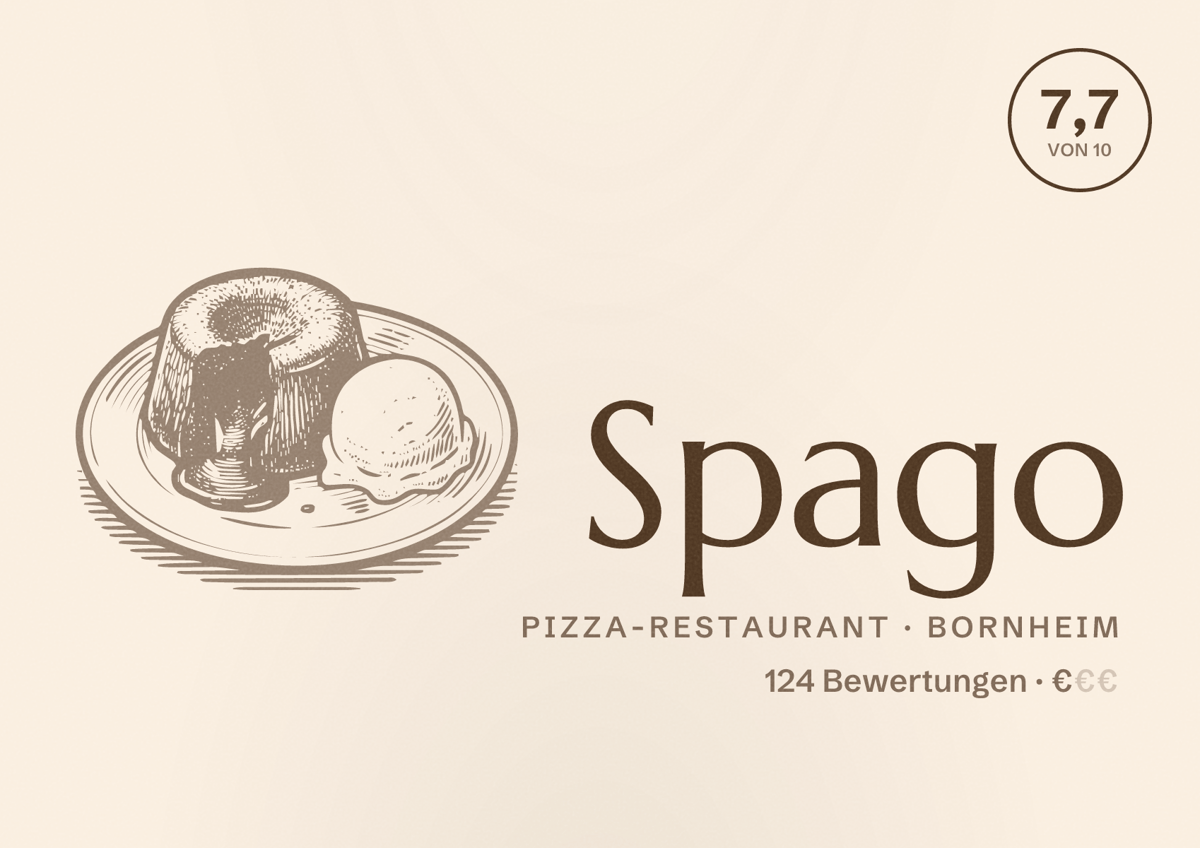 Illustriertes Poster von Spago, Pizza-Restaurant in Bornheim: Bewertung 7,7 von 10 aus 124 Bewertungen, Preisniveau €