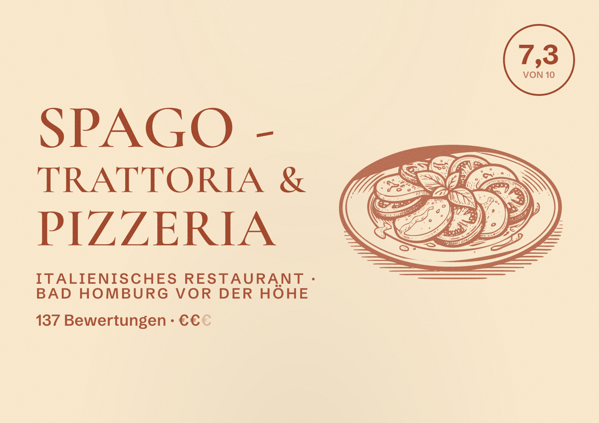 Illustriertes Poster von Spago - Trattoria & Pizzeria, Italienisches Restaurant in Bad Homburg vor der Höhe: Bewertung 7,3 von 10 aus 137 Bewertungen, Preisniveau €€
