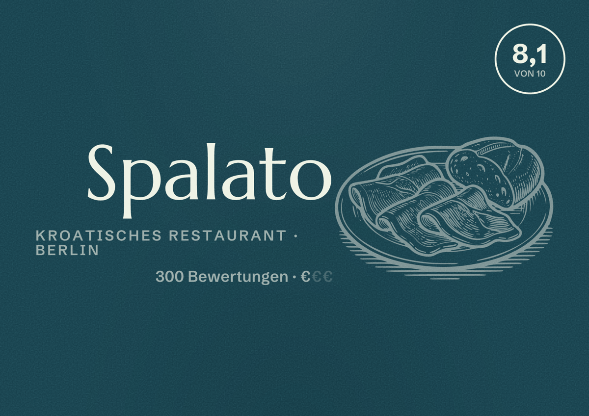 Illustriertes Poster von Spalato, Kroatisches Restaurant in Berlin: Bewertung 8,1 von 10 aus 300 Bewertungen, Preisniveau €