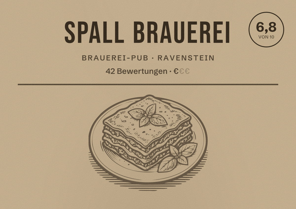 Illustriertes Poster von Spall Brauerei, Brauerei-Pub in Ravenstein: Bewertung 6,8 von 10 aus 42 Bewertungen, Preisniveau €