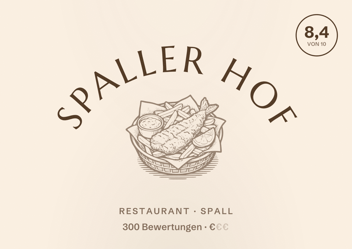 Illustriertes Poster von Spaller Hof, Restaurant in Spall: Bewertung 8,4 von 10 aus 300 Bewertungen, Preisniveau €