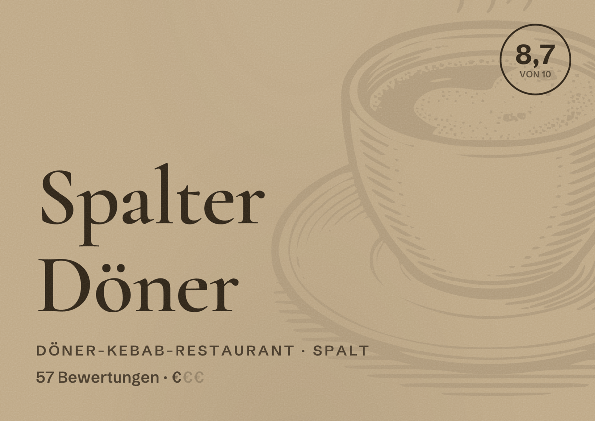 Illustriertes Poster von Spalter Döner, Döner-Kebab-Restaurant in Spalt: Bewertung 8,7 von 10 aus 57 Bewertungen, Preisniveau €