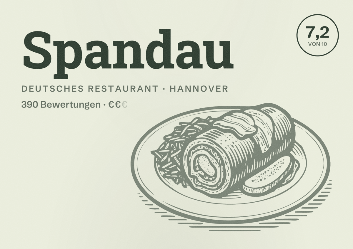 Illustriertes Poster von Spandau, Deutsches Restaurant in Hannover: Gästebewertung 7,2 von 10 aus 390 Bewertungen