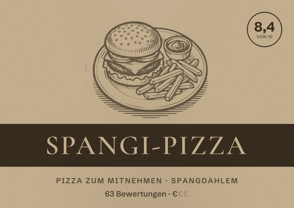 Illustriertes Poster von Spangi-Pizza, Pizza zum Mitnehmen in Spangdahlem: Bewertung 8,4 von 10 aus 63 Bewertungen, Preisniveau €