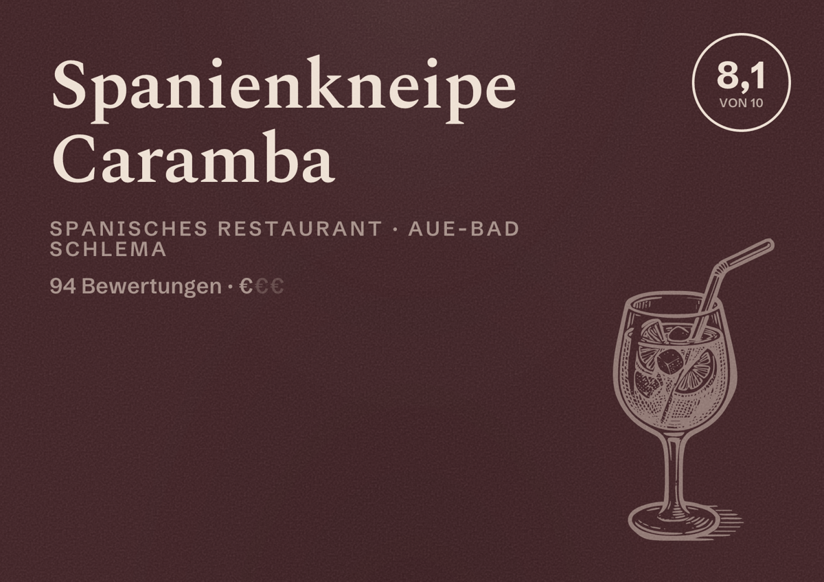 Illustriertes Poster von Spanienkneipe Caramba, Spanisches Restaurant in Aue-Bad Schlema: Bewertung 8,1 von 10 aus 94 Bewertungen, Preisniveau €