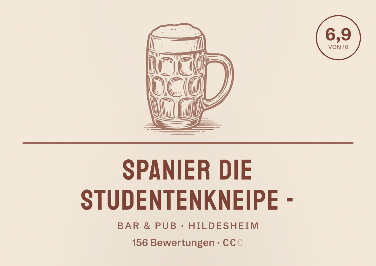 Illustriertes Poster von Spanier Die Studentenkneipe -, Bar & Pub in Hildesheim: Bewertung 6,9 von 10 aus 156 Bewertungen, Preisniveau €€