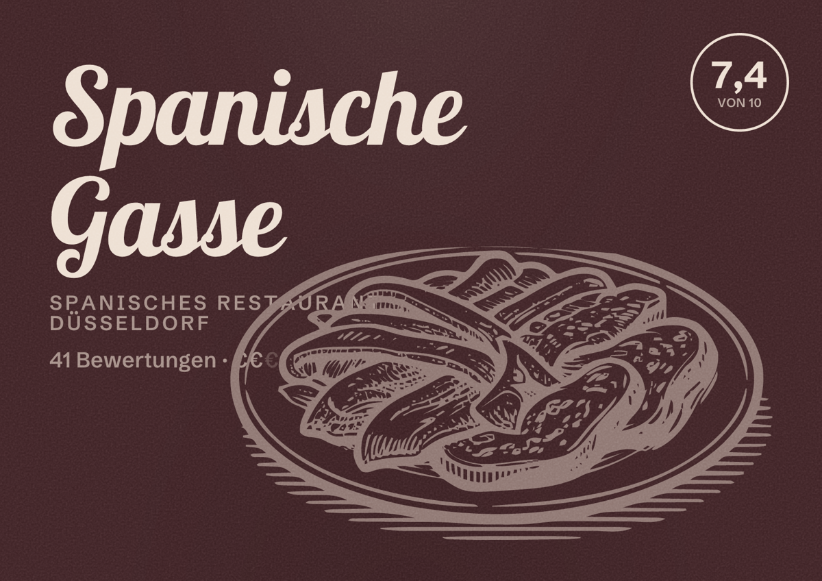Illustriertes Poster von Spanische Gasse, Spanisches Restaurant in Düsseldorf: Bewertung 7,4 von 10 aus 41 Bewertungen, Preisniveau €€