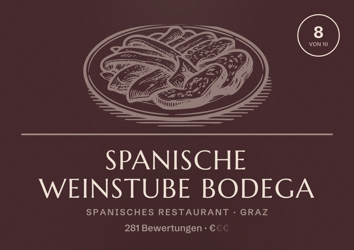 Illustriertes Poster von Spanische Weinstube Bodega, Spanisches Restaurant in Graz: Bewertung 8 von 10 aus 281 Bewertungen, Preisniveau €