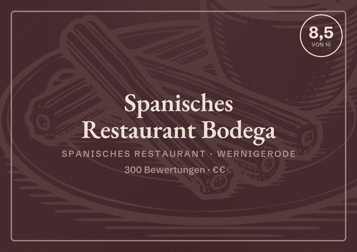 Illustriertes Poster von Spanisches Restaurant Bodega, Spanisches Restaurant in Wernigerode: Bewertung 8,5 von 10 aus 300 Bewertungen, Preisniveau €€