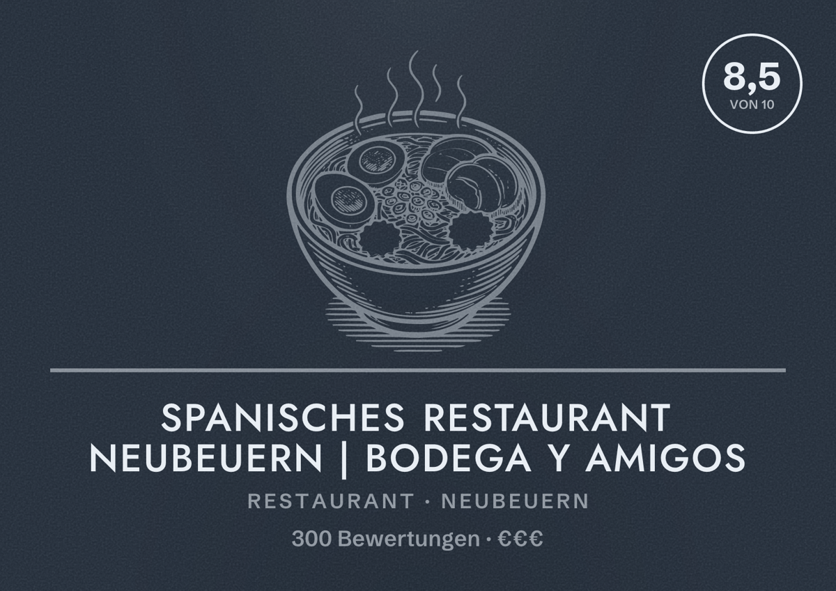 Illustriertes Poster von Spanisches Restaurant Neubeuern | Bodega y Amigos, Restaurant in Neubeuern: Bewertung 8,5 von 10 aus 300 Bewertungen, Preisniveau €€€