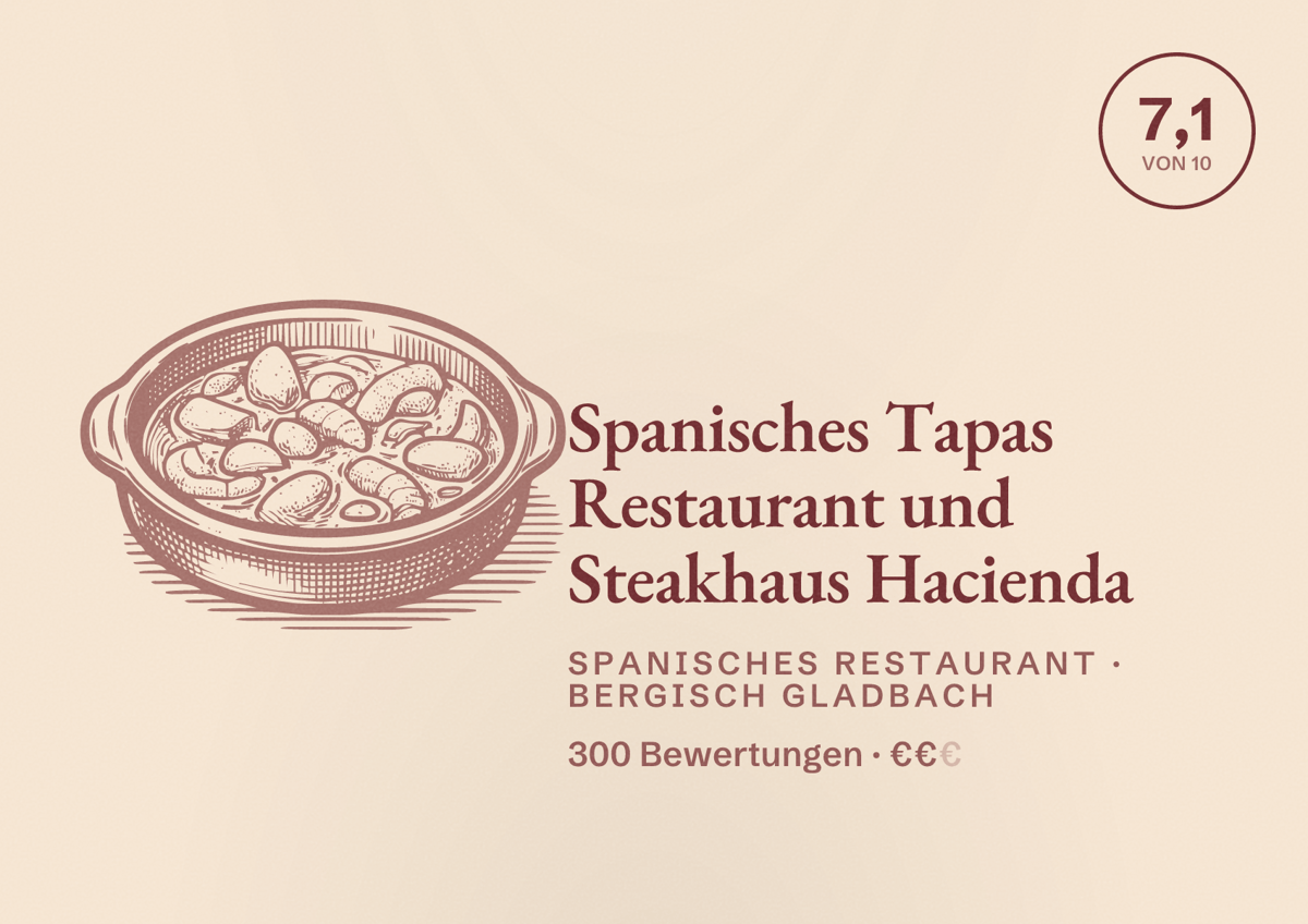 Illustriertes Poster von Spanisches Tapas Restaurant und Steakhaus Hacienda, Spanisches Restaurant in Bergisch Gladbach: Bewertung 7,1 von 10 aus 300 Bewertungen, Preisniveau €€