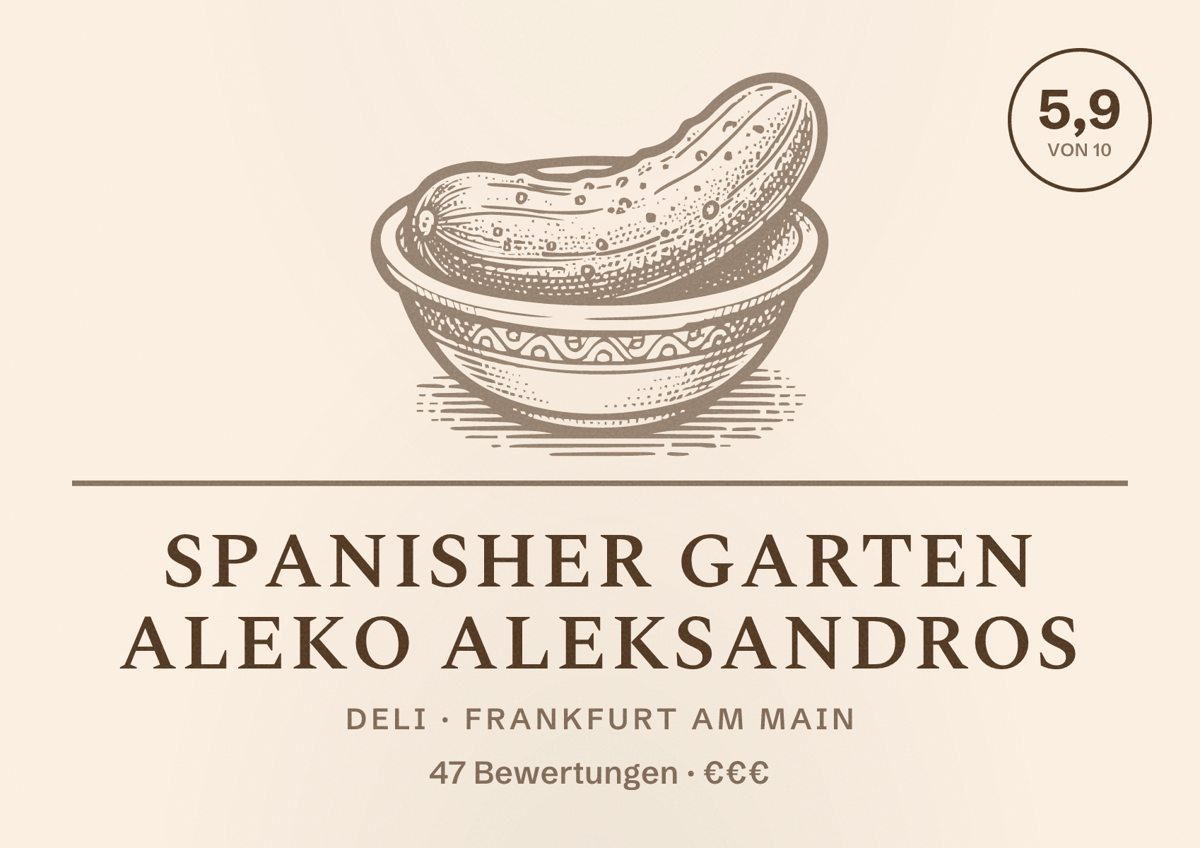 Illustriertes Poster von Spanisher Garten Aleko Aleksandros, Deli in Frankfurt am Main: Bewertung 5,9 von 10 aus 47 Bewertungen, Preisniveau €€€