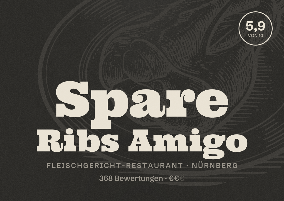 Illustriertes Poster von Spare Ribs Amigo, Fleischgericht-Restaurant in Nürnberg: Bewertung 5,9 von 10 aus 368 Bewertungen, Preisniveau €€