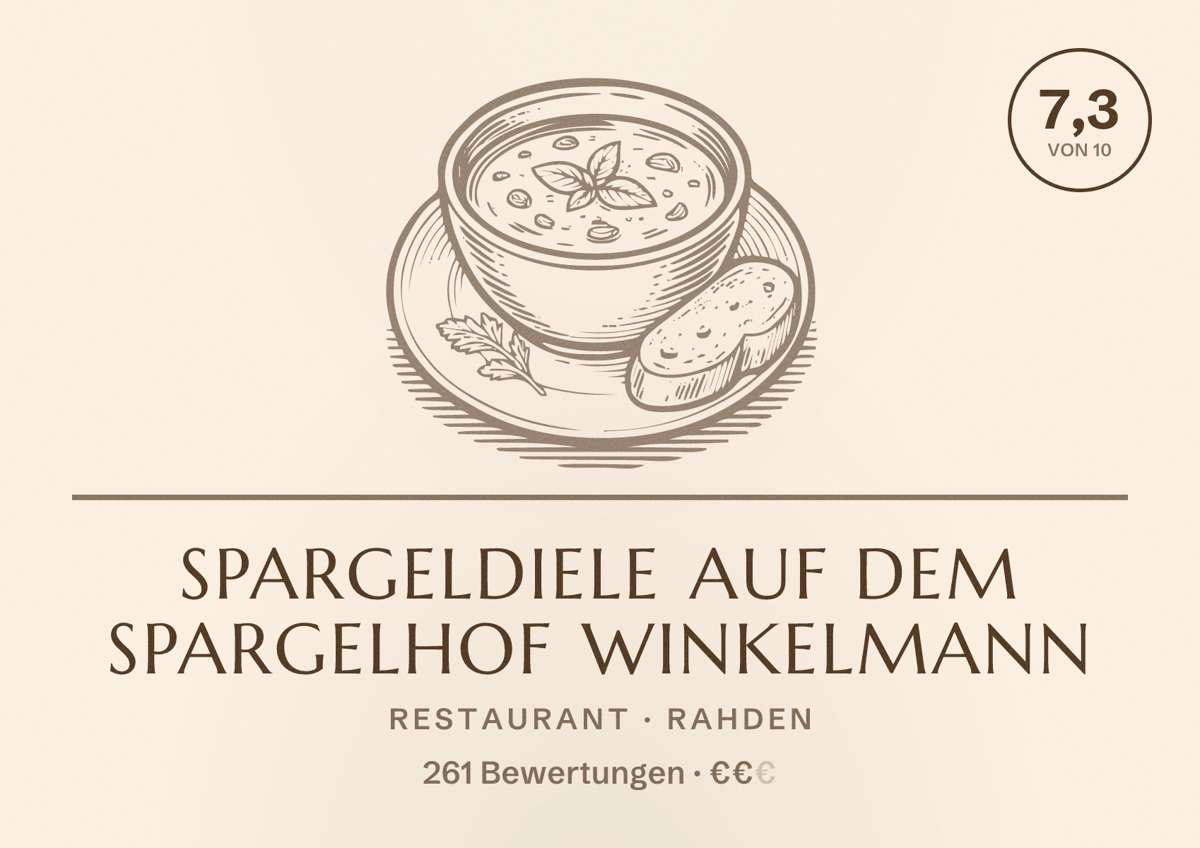 Illustriertes Poster von Spargeldiele auf dem Spargelhof Winkelmann, Restaurant in Rahden: Bewertung 7,3 von 10 aus 261 Bewertungen, Preisniveau €€