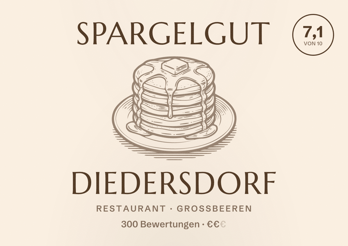 Illustriertes Poster von Spargelgut Diedersdorf, Restaurant in Großbeeren: Bewertung 7,1 von 10 aus 300 Bewertungen, Preisniveau €€