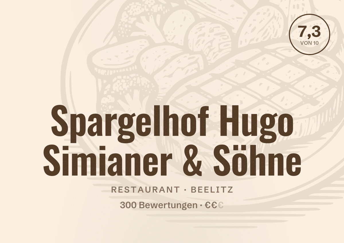 Illustriertes Poster von Spargelhof Hugo Simianer & Söhne, Restaurant in Beelitz: Bewertung 7,3 von 10 aus 300 Bewertungen, Preisniveau €€