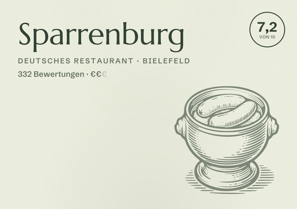 Illustriertes Poster von Sparrenburg, Deutsches Restaurant in Bielefeld: Bewertung 7,2 von 10 aus 332 Bewertungen, Preisniveau €€