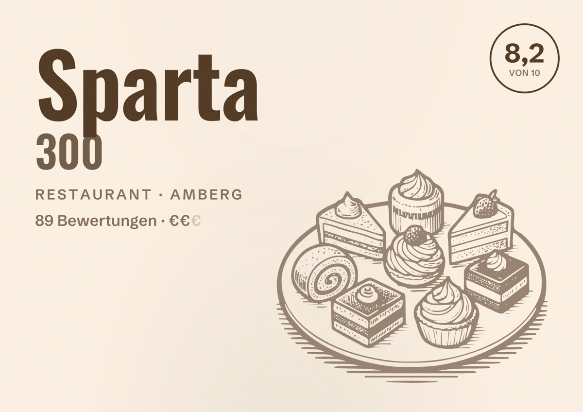 Illustriertes Poster von Sparta 300, Restaurant in Amberg: Bewertung 8,2 von 10 aus 89 Bewertungen, Preisniveau €€