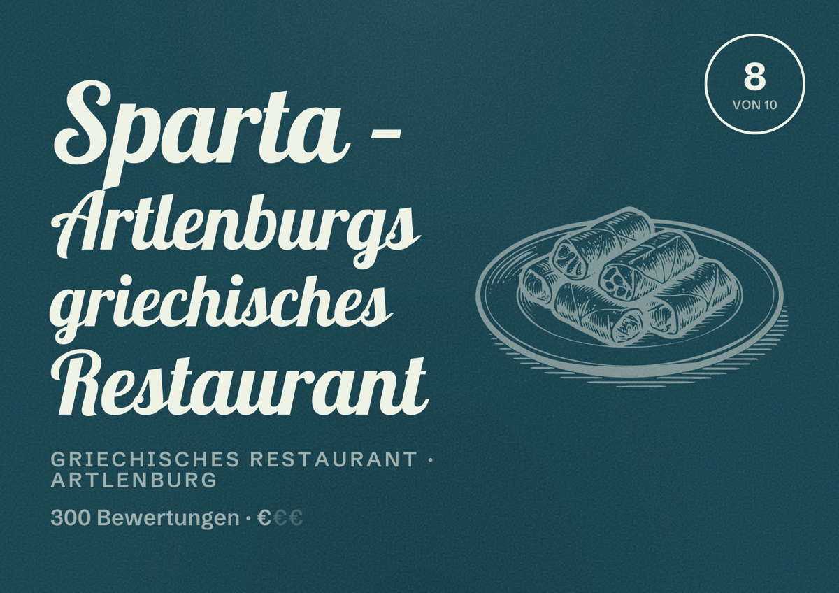 Illustriertes Poster von Sparta – Artlenburgs griechisches Restaurant, Griechisches Restaurant in Artlenburg: Bewertung 8 von 10 aus 300 Bewertungen, Preisniveau €