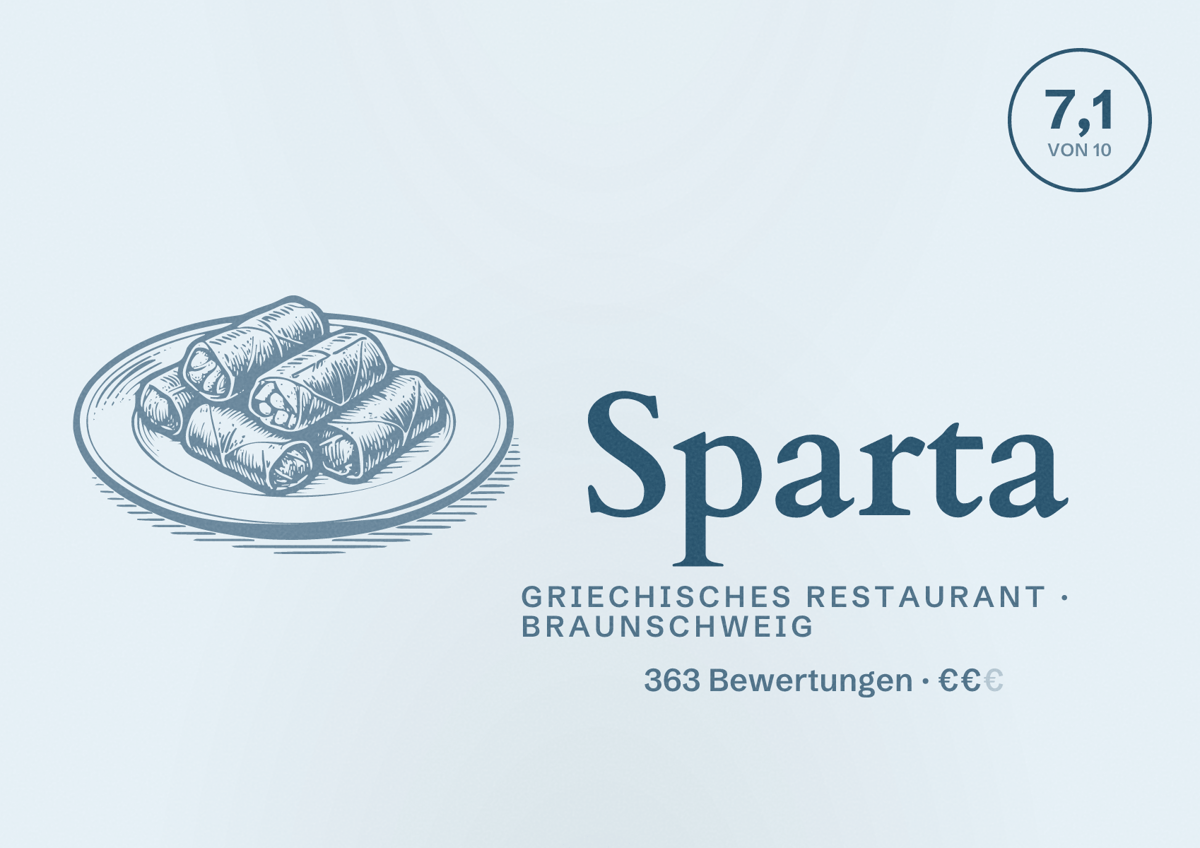 Illustriertes Poster von Sparta, Griechisches Restaurant in Braunschweig: Bewertung 7,1 von 10 aus 363 Bewertungen, Preisniveau €€