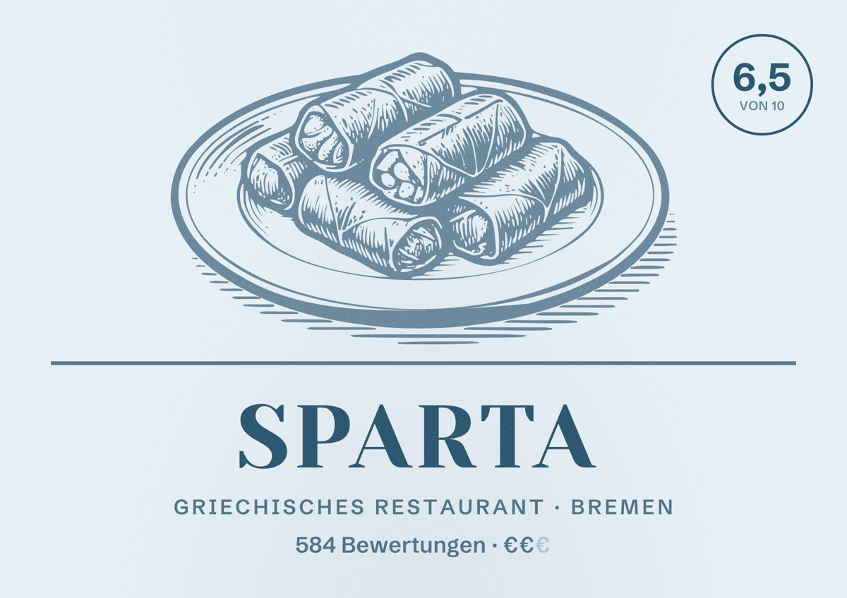 Illustriertes Poster von Sparta, Griechisches Restaurant in Bremen: Bewertung 6,5 von 10 aus 584 Bewertungen, Preisniveau €€