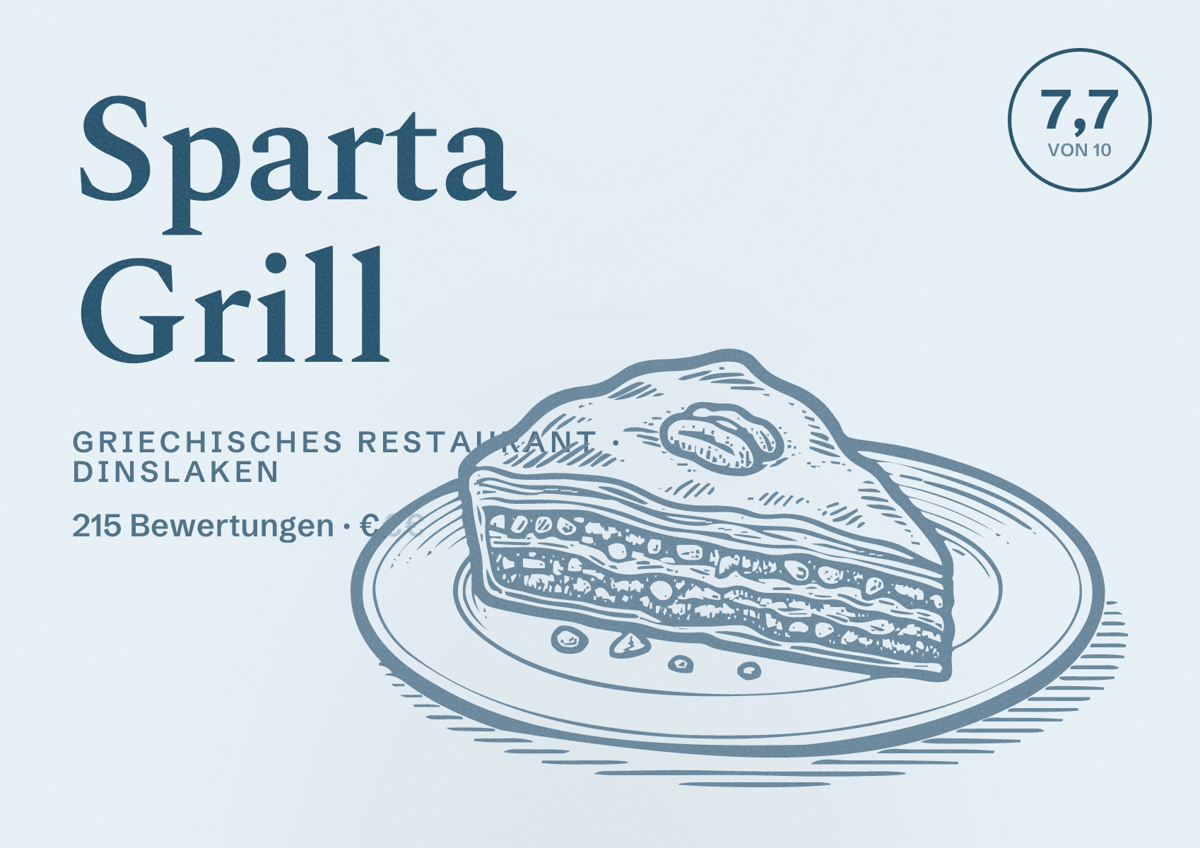 Illustriertes Poster von Sparta Grill, Griechisches Restaurant in Dinslaken: Bewertung 7,7 von 10 aus 215 Bewertungen, Preisniveau €