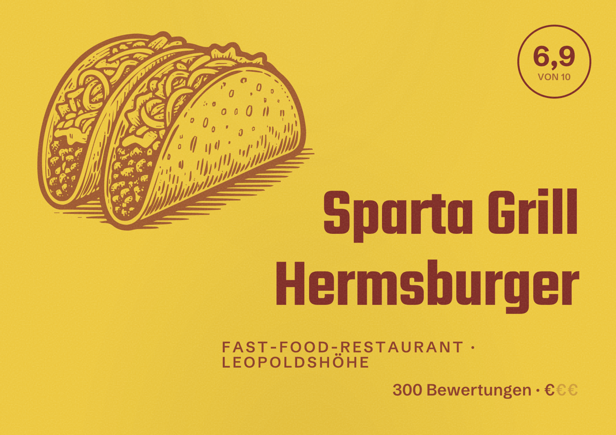 Illustriertes Poster von Sparta Grill Hermsburger, Fast-Food-Restaurant in Leopoldshöhe: Bewertung 6,9 von 10 aus 300 Bewertungen, Preisniveau €