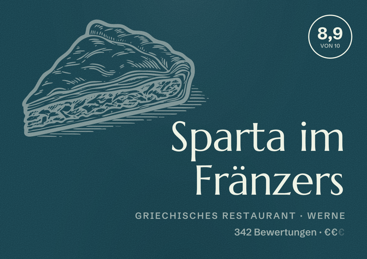 Illustriertes Poster von Sparta im Fränzers, Griechisches Restaurant in Werne: Bewertung 8,9 von 10 aus 342 Bewertungen, Preisniveau €€