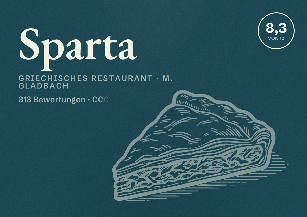 Illustriertes Poster von Sparta, Griechisches Restaurant in M. Gladbach: Bewertung 8,3 von 10 aus 313 Bewertungen, Preisniveau €€