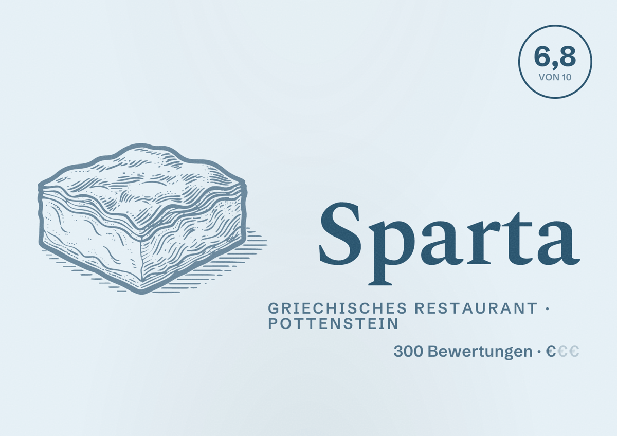 Illustriertes Poster von Sparta, Griechisches Restaurant in Pottenstein: Bewertung 6,8 von 10 aus 300 Bewertungen, Preisniveau €