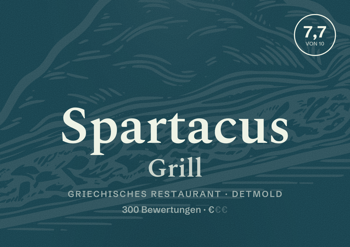 Illustriertes Poster von Spartacus Grill, Griechisches Restaurant in Detmold: Bewertung 7,7 von 10 aus 300 Bewertungen, Preisniveau €