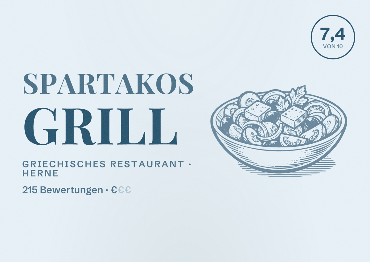 Illustriertes Poster von Spartakos Grill, Griechisches Restaurant in Herne: Bewertung 7,4 von 10 aus 215 Bewertungen, Preisniveau €