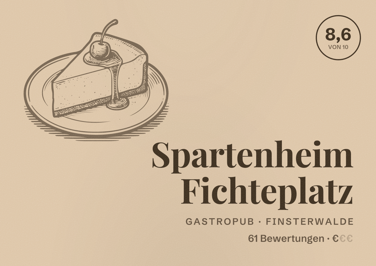 Illustriertes Poster von Spartenheim Fichteplatz, Gastropub in Finsterwalde: Bewertung 8,6 von 10 aus 61 Bewertungen, Preisniveau €