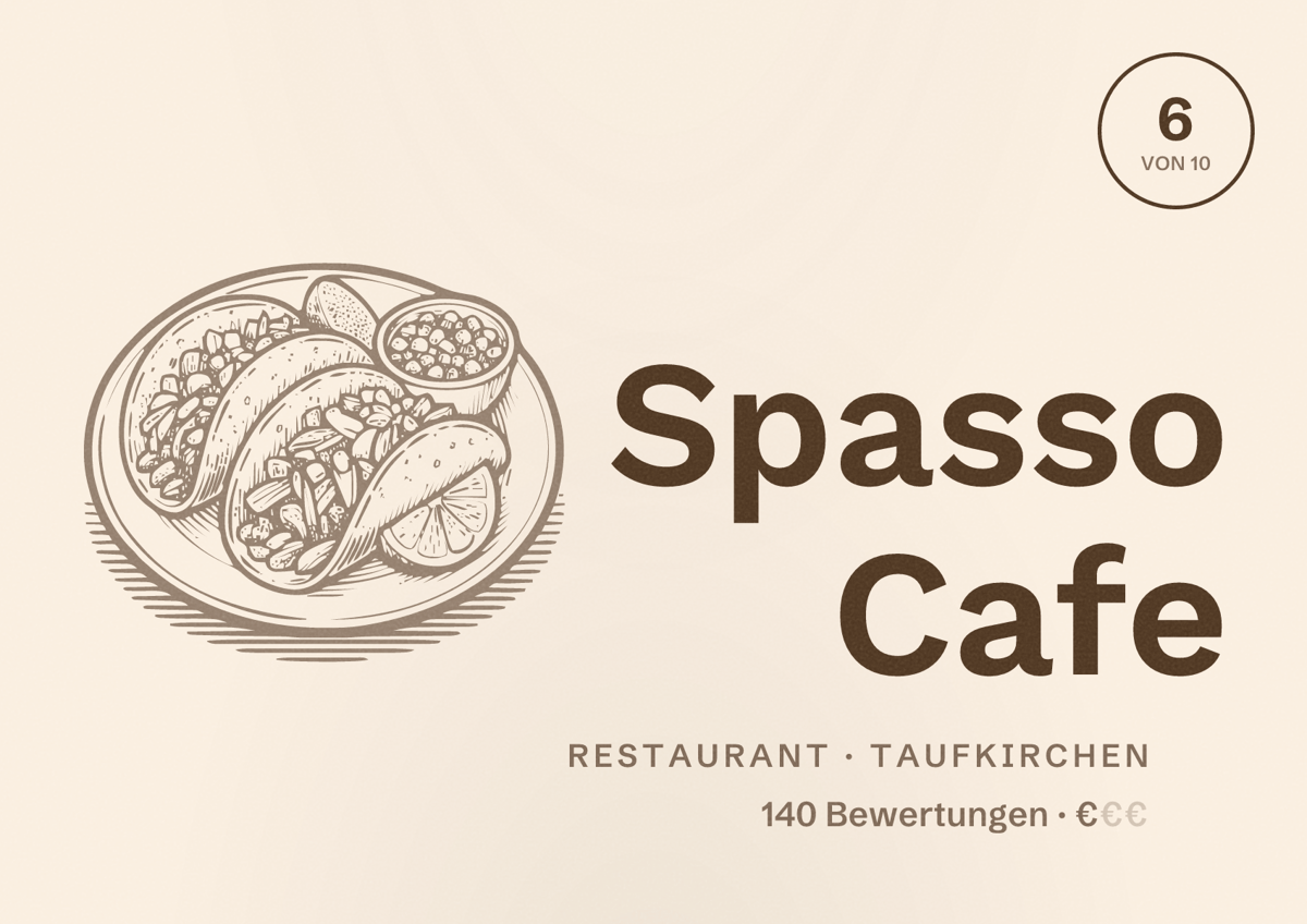 Illustriertes Poster von Spasso Cafe, Restaurant in Taufkirchen: Bewertung 6 von 10 aus 140 Bewertungen, Preisniveau €