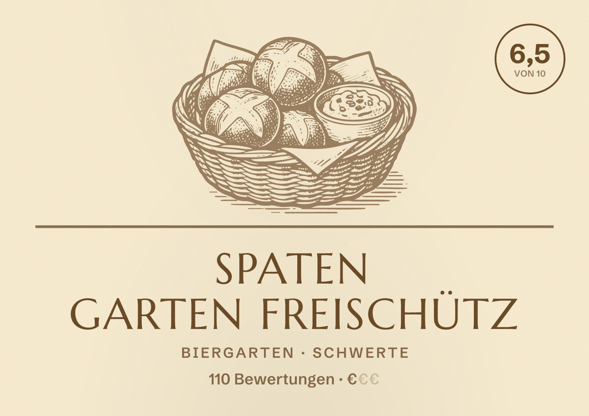 Illustriertes Poster von Spaten Garten Freischütz, Biergarten in Schwerte: Bewertung 6,5 von 10 aus 110 Bewertungen, Preisniveau €