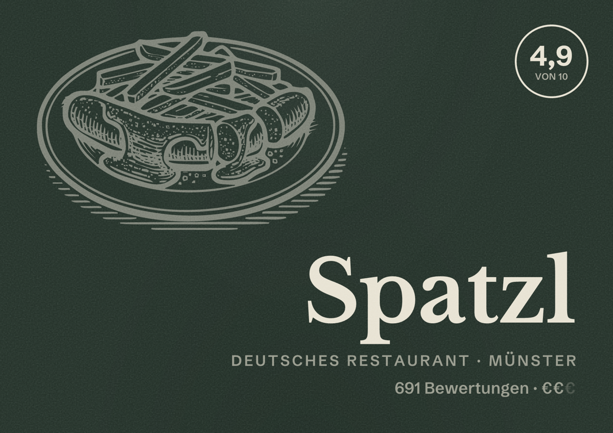 Illustriertes Poster von Spatzl, Deutsches Restaurant in Münster: Bewertung 4,9 von 10 aus 691 Bewertungen, Preisniveau €€