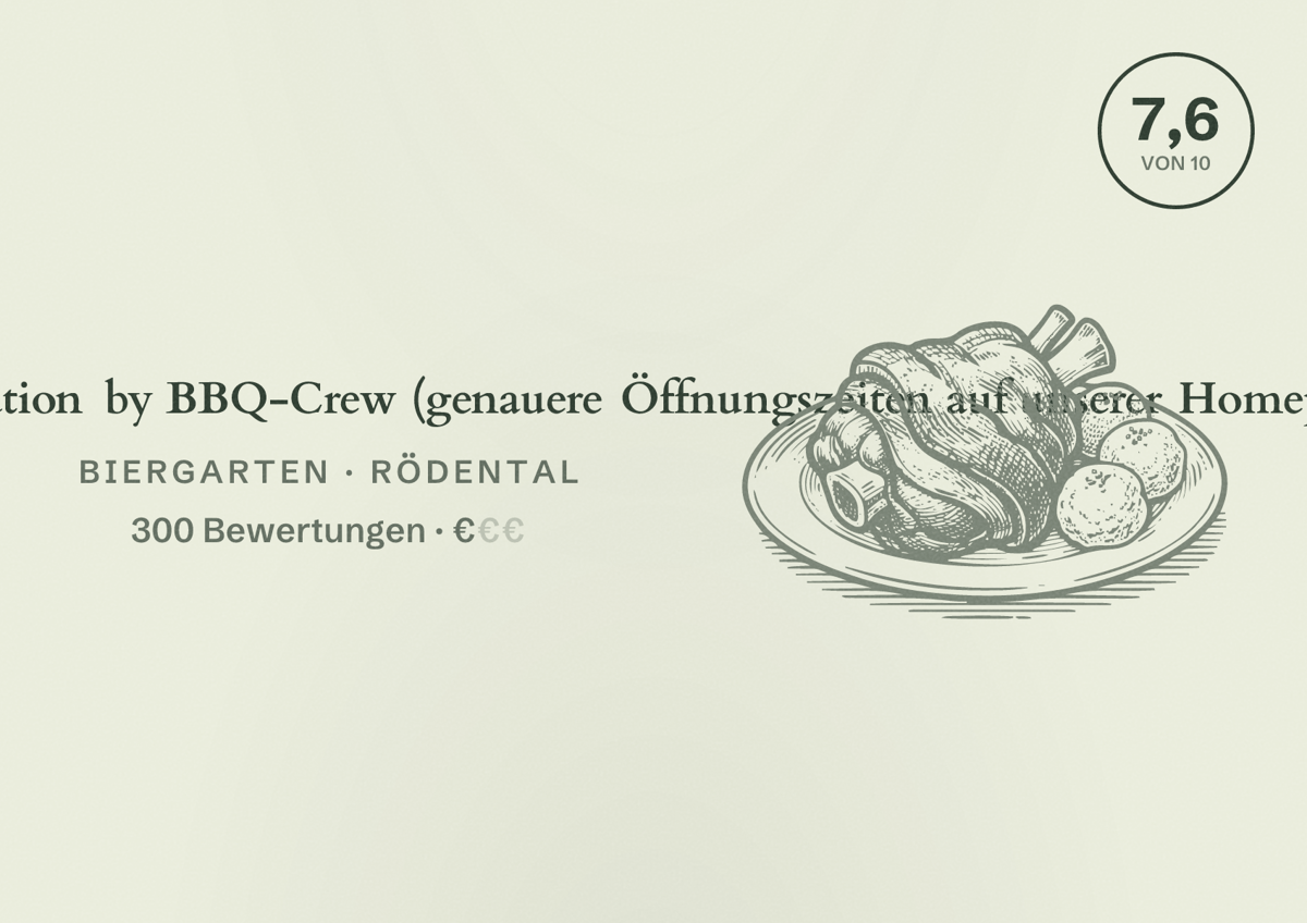 Illustriertes Poster von Spatzl & Spezl - Die Eventlocation by BBQ-Crew (genauere Öffnungszeiten auf unserer Homepage), Biergarten in Rödental: Bewertung 7,6 von 10 aus 300 Bewertungen, Preisniveau €