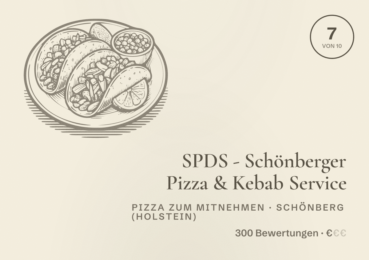Illustriertes Poster von SPDS - Schönberger Pizza & Kebab Service, Pizza zum Mitnehmen in Schönberg (Holstein): Bewertung 7 von 10 aus 300 Bewertungen, Preisniveau €