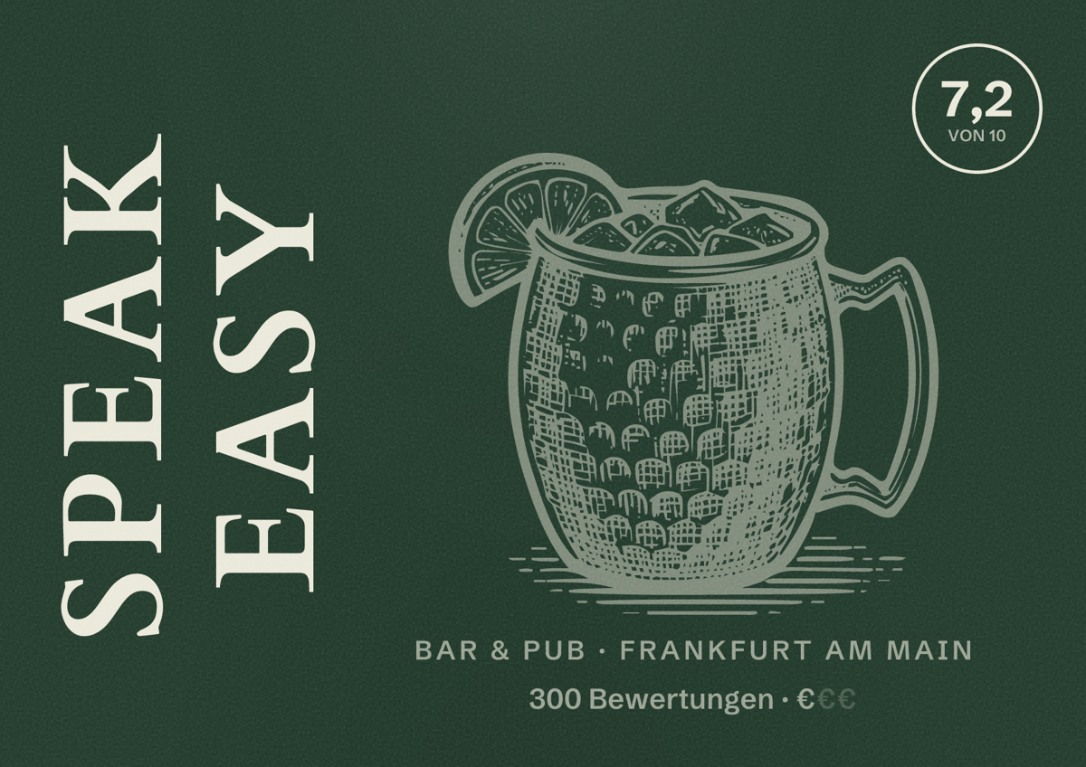 Illustriertes Poster von Speak Easy, Bar & Pub in Frankfurt am Main: Bewertung 7,2 von 10 aus 300 Bewertungen, Preisniveau €