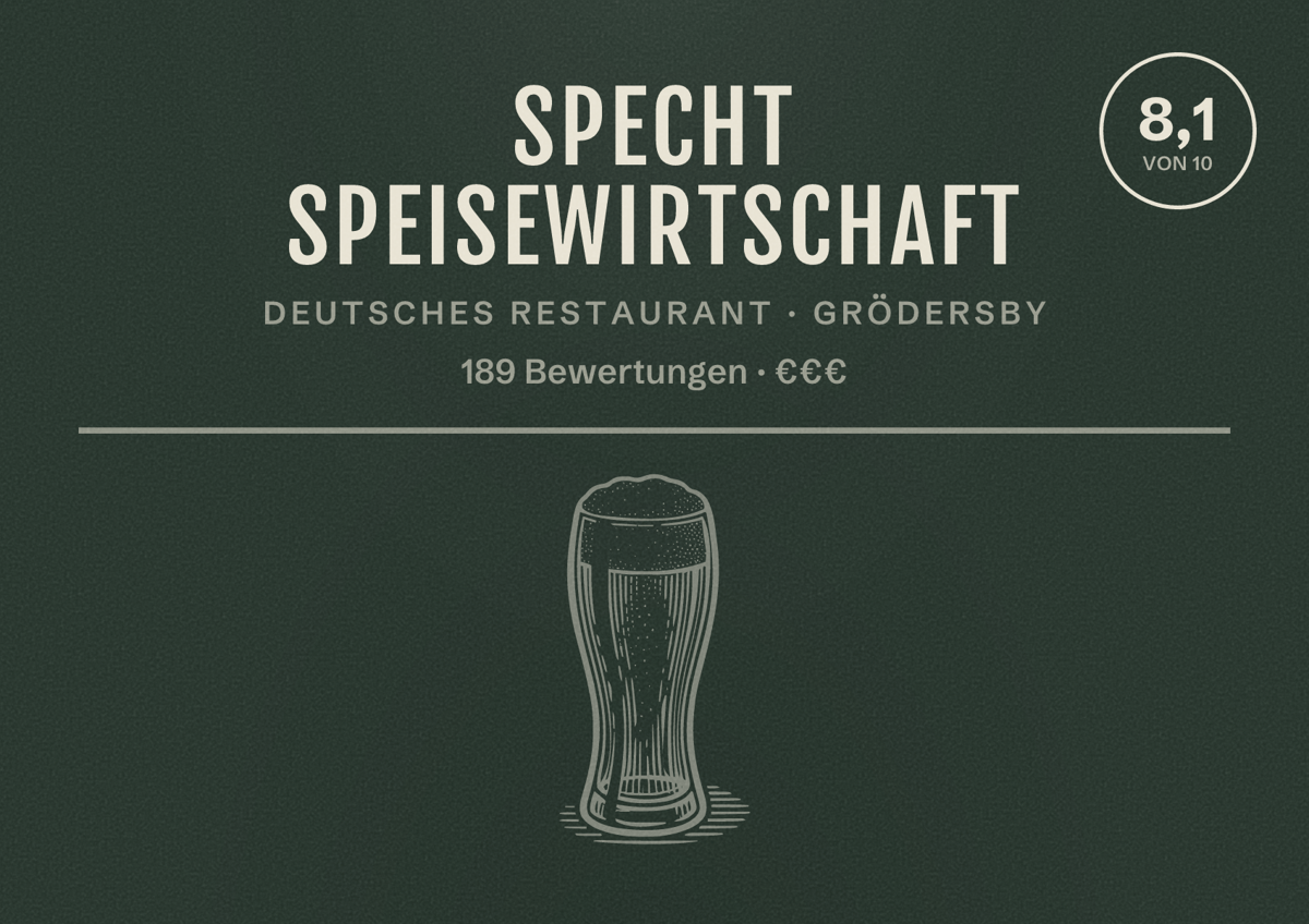 Illustriertes Poster von Specht Speisewirtschaft, Deutsches Restaurant in Grödersby: Bewertung 8,1 von 10 aus 189 Bewertungen, Preisniveau €€€