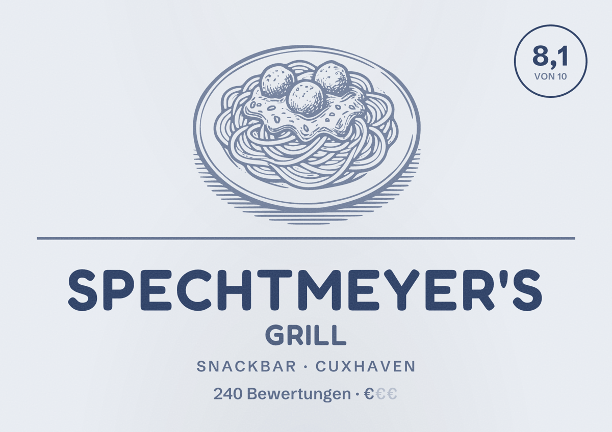 Illustriertes Poster von Spechtmeyer's Grill, Snackbar in Cuxhaven: Bewertung 8,1 von 10 aus 240 Bewertungen, Preisniveau €