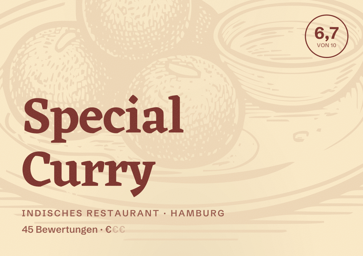 Illustriertes Poster von Special Curry, Indisches Restaurant in Hamburg: Bewertung 6,7 von 10 aus 45 Bewertungen, Preisniveau €