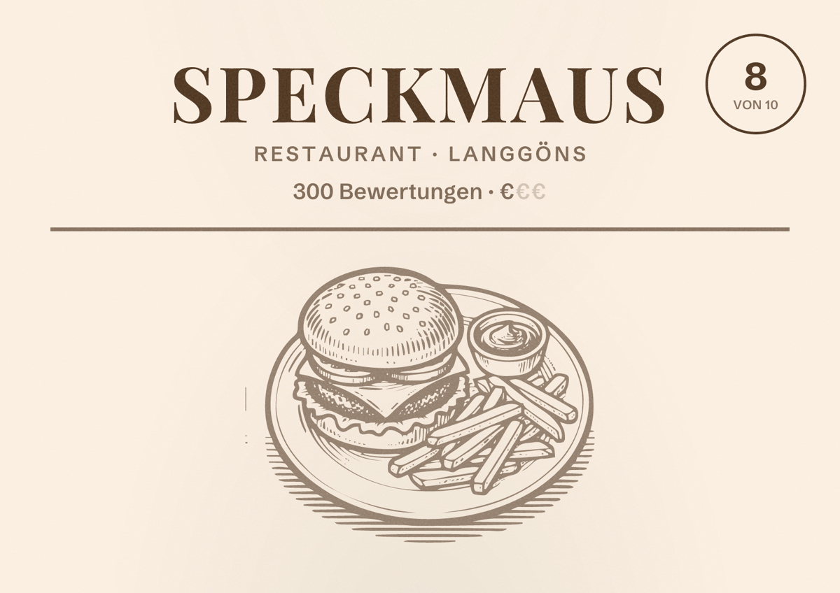 Illustriertes Poster von Speckmaus, Restaurant in Langgöns: Bewertung 8 von 10 aus 300 Bewertungen, Preisniveau €