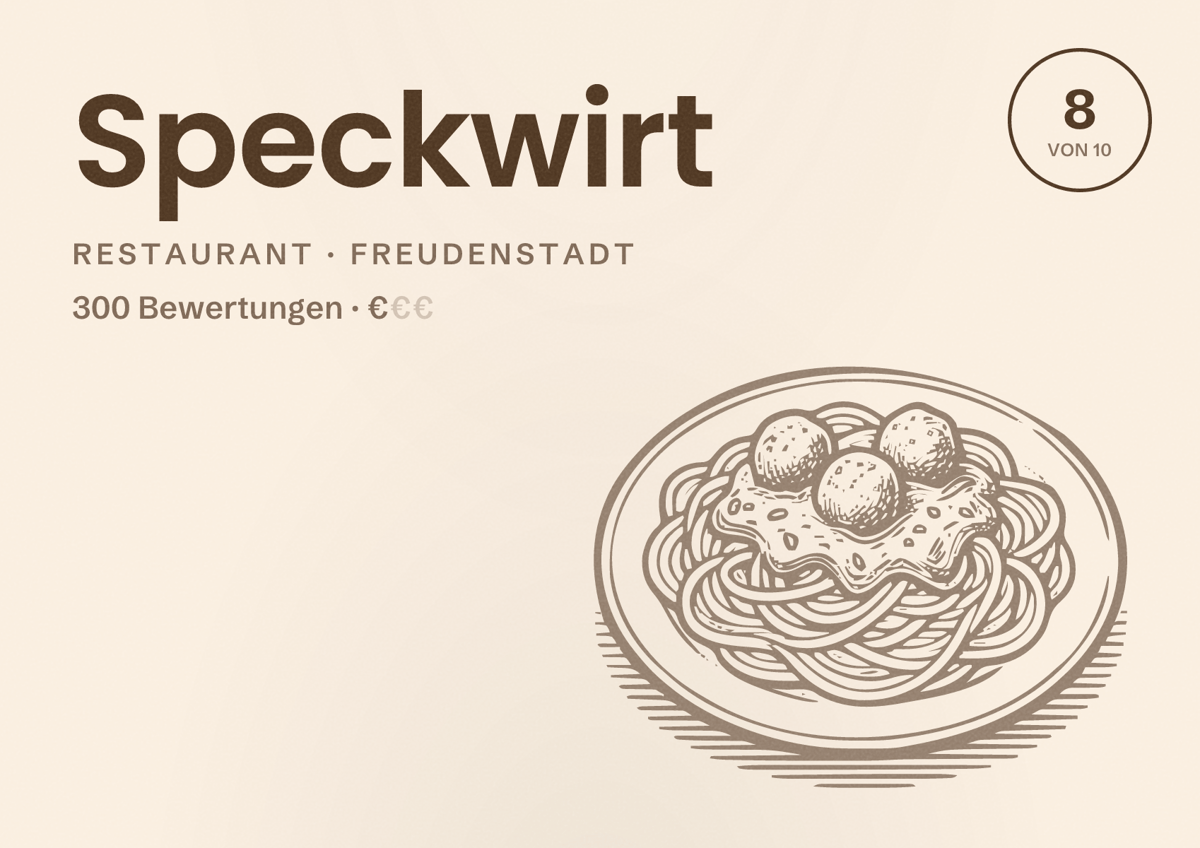 Illustriertes Poster von Speckwirt, Restaurant in Freudenstadt: Bewertung 8 von 10 aus 300 Bewertungen, Preisniveau €